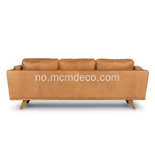 Mid-Century Modern Timber Charme Tan Leather Sofa